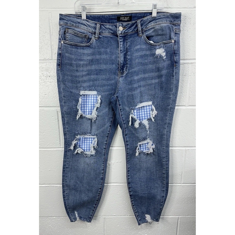 Judy Blue High Rise‎ Blue Gingham Patch Distressed Skinny / Women's Size 18